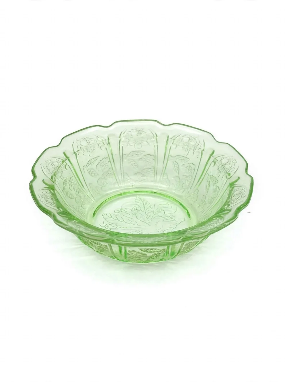 Vintage Anchor Hocking Cherry Blossom Uranium Glass 6pc Set 3 Bowl,3 Saucers Set